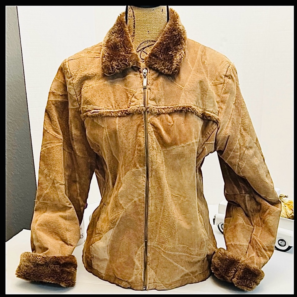 Y2K LEATHER WORKS PATCHWORK SUEDE PENNY LANE STYLE JACKET TAN/BROWN MEDIUM